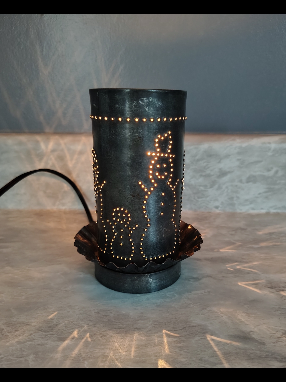 Primitive Punched Tin Snowman Rustic Lamp USA